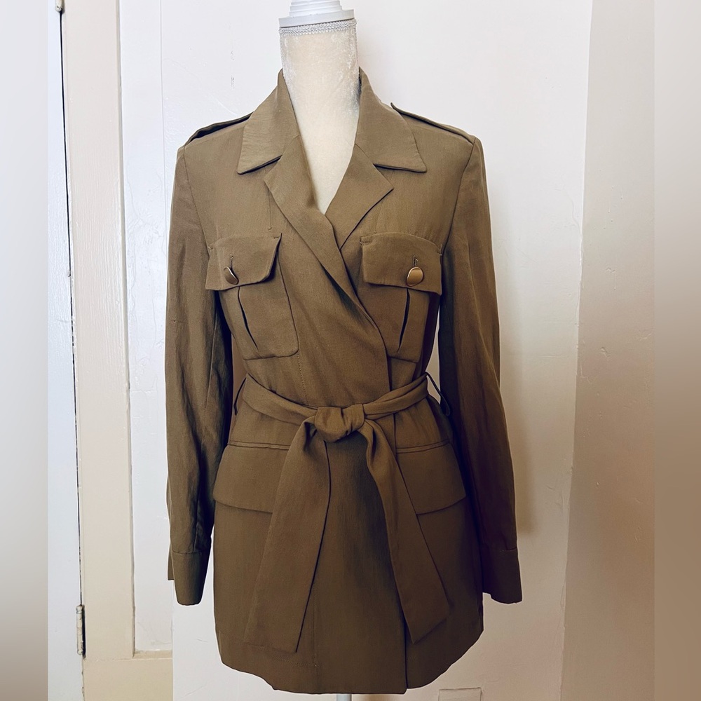 Mango Olive Green Military Style Utility Jacket Blazer with Belted Waist